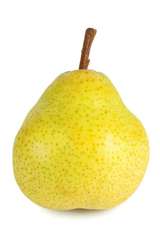 Yellow ripe pear with handle isolated on white backgroundの写真素材
