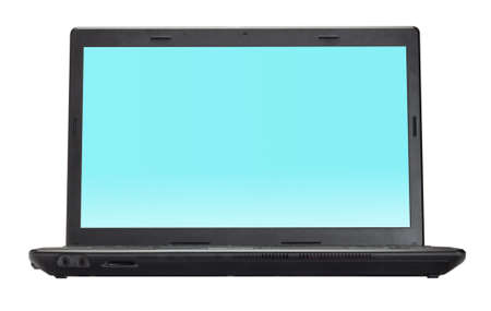 Black open laptop isolated on white backgroundの写真素材