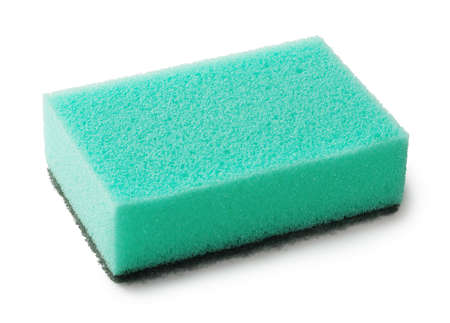 Green kitchen sponge isolated on white backgroundの写真素材