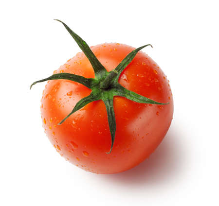 Red tomato with drops isolated on white backgroundの写真素材