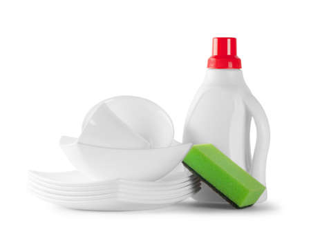 White clean dishes with sponge isolated on white backgroundの写真素材
