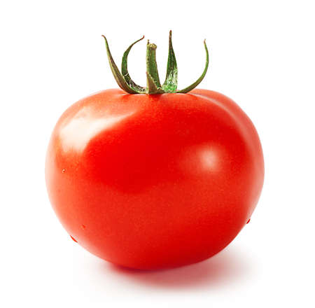 Bright tomato with handle isolated on white backgroundの写真素材