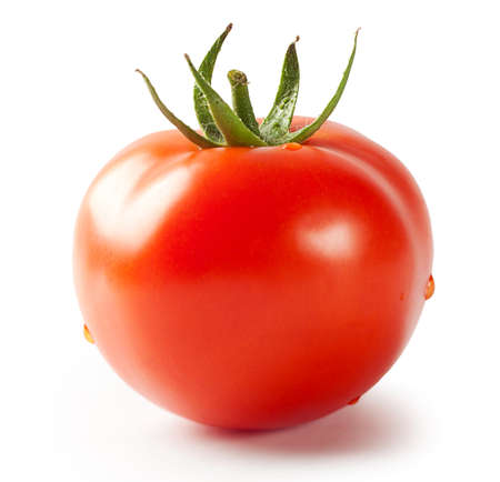 Tomato with green handle isolated on white backgroundの写真素材