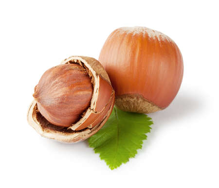 Whole and chopped hazel nuts isolated on white backgroundの写真素材