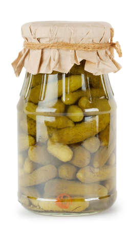 Bank of pickled cucumbers isolated on white backgroundの写真素材