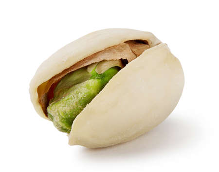 Green ripe salted pistachios isolated on white backgroundの写真素材