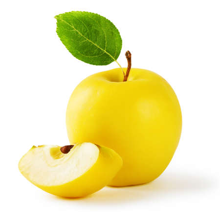 Yellow apple with a slice and leaf isolated on white backgroundの写真素材