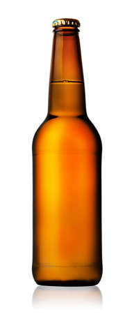 Brown beer bottle isolated on white backgroundの写真素材