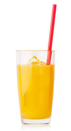 Orange juice with ice and straw isolated on white backgroundの写真素材