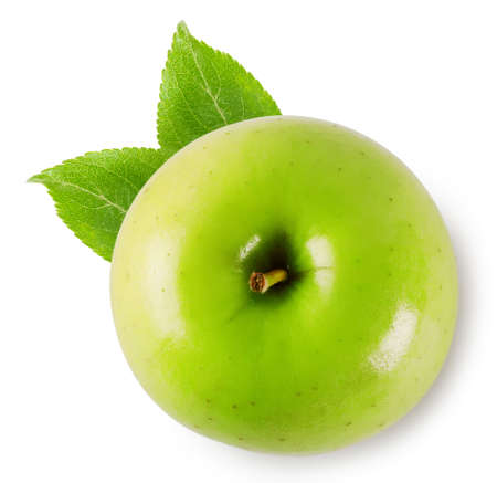 Green juicy ripe apple isolated on white の写真素材
