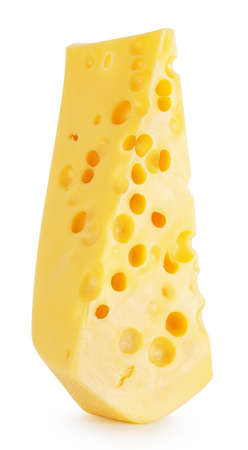 Triangular piece of cheese with holes isolated on white backgroundの写真素材
