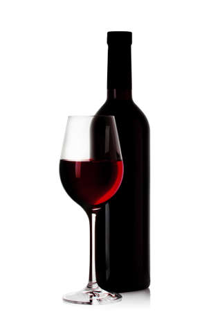 Bottle and glass of red wine isolated on white backgroundの写真素材