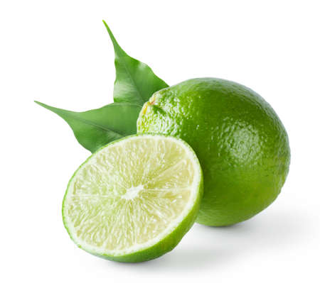 Sour lime with green leaves isolated on white backgroundの写真素材