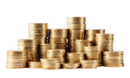 Column of golden coins isolated on white backgroundの写真素材