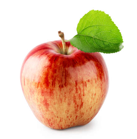 Red juicy apple with green leaf isolated on white backgroundの写真素材