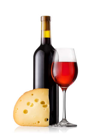 Red wine with cheese isolated on white backgroundの写真素材