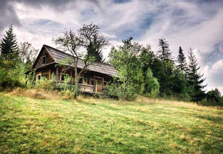 Wooden abandoned house among green trees under dramatic skyの写真素材
