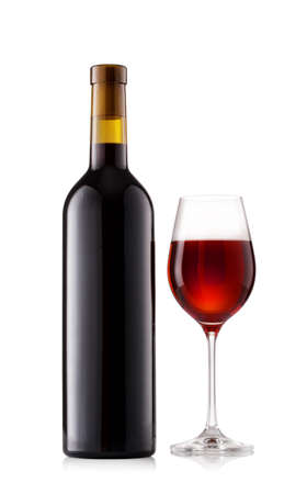 Dark bottle and glass with wine isolated on white backgroundの写真素材