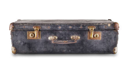 Black old suitcase lying isolated on white background