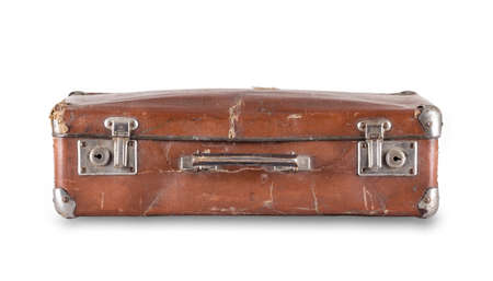 Brown suitcase lying isolated on white backgroundの写真素材