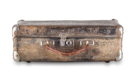 Old worn suitcase isolated on white backgroundの写真素材