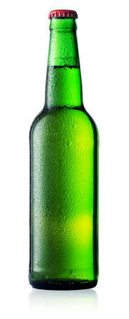 Green bottle of beer with drops isolated on white backgroundの写真素材