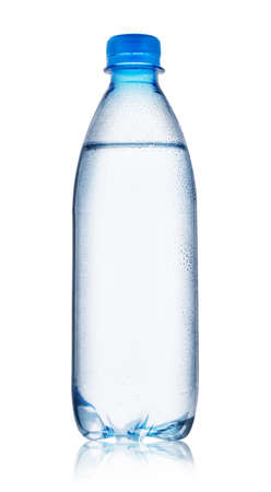 Blue bottle of water with drops isolated on white backgroundの写真素材
