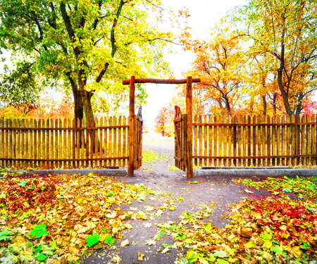 Door to wooden fence overlooking the park in autumnの写真素材