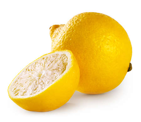 Whole and half yellow sour lemon isolated on a white backgroundの写真素材