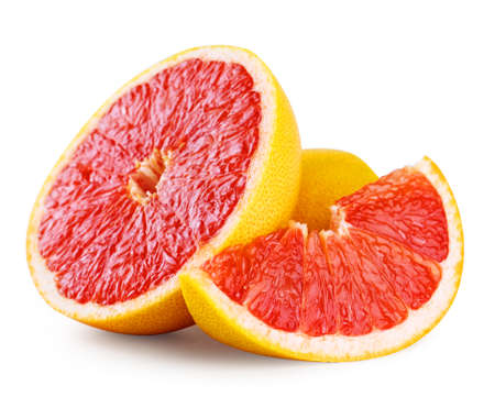 Half cut grapefruit and slice isolated on white backgroundの写真素材