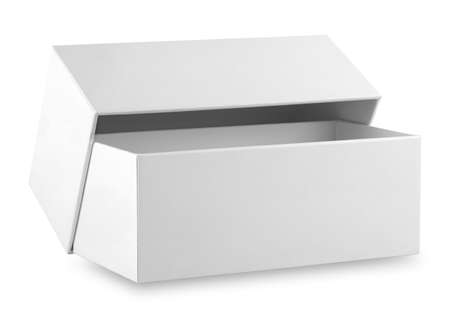Open white cardboard box with lid isolated on white backgroundの写真素材