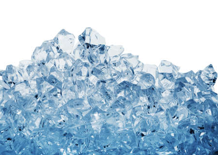Pile of the ice cubes toned in blue isolated on white background