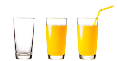 Empty and full glasses with orange juice isolated on white background. Collage.の写真素材