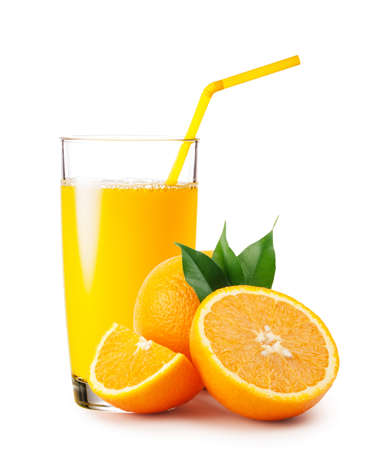 Glass of orange juice and orangesの写真素材