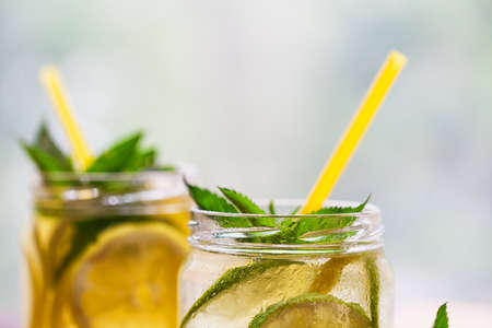 Fragment of jars with lemonadeの写真素材