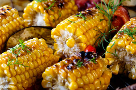 Food background made of baked cornの写真素材