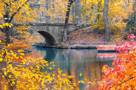 Stone bridge in the park in autumnの写真素材