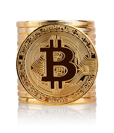 Stack and front side of virtual currency bitcoin