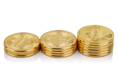 Three rising stacks of virtual bitcoinsの写真素材