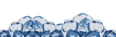 Long pile of ice cubes with droplets toned in blue