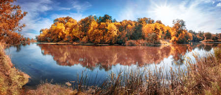 Bend of the river around the island with orange treesの写真素材