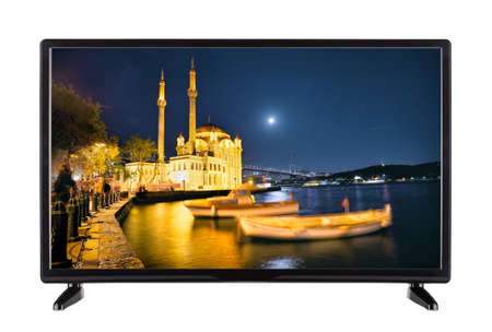 A modern high-definition television with  picture of the night qの写真素材