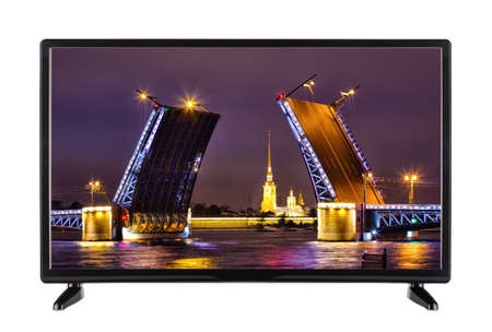 Modern television with the image of the night cityの写真素材