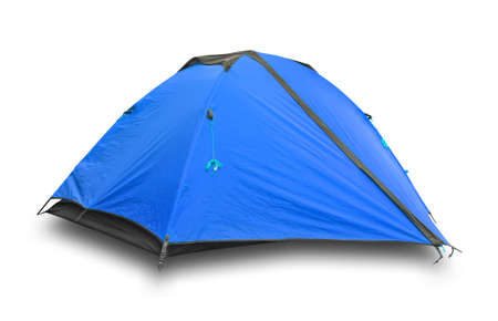 Blue tourist tent isolated on white backgroundの写真素材