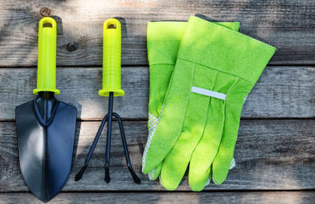 Garden tools and gloves on wooden backgroundの写真素材
