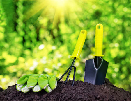 Garden tools rake trowel and gloves on pile of soilの写真素材