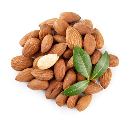 Bunch of almond nuts with leavesの写真素材