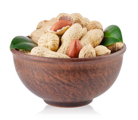 Peanuts with green leaves in clay plateの写真素材
