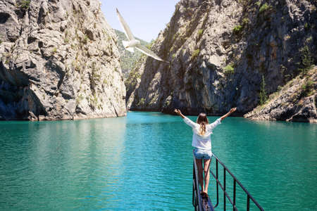 Girl on ship pulls hands to flying seagullの写真素材