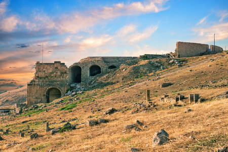 The ruins of the ancient city of Hierapolis at sunsetの写真素材